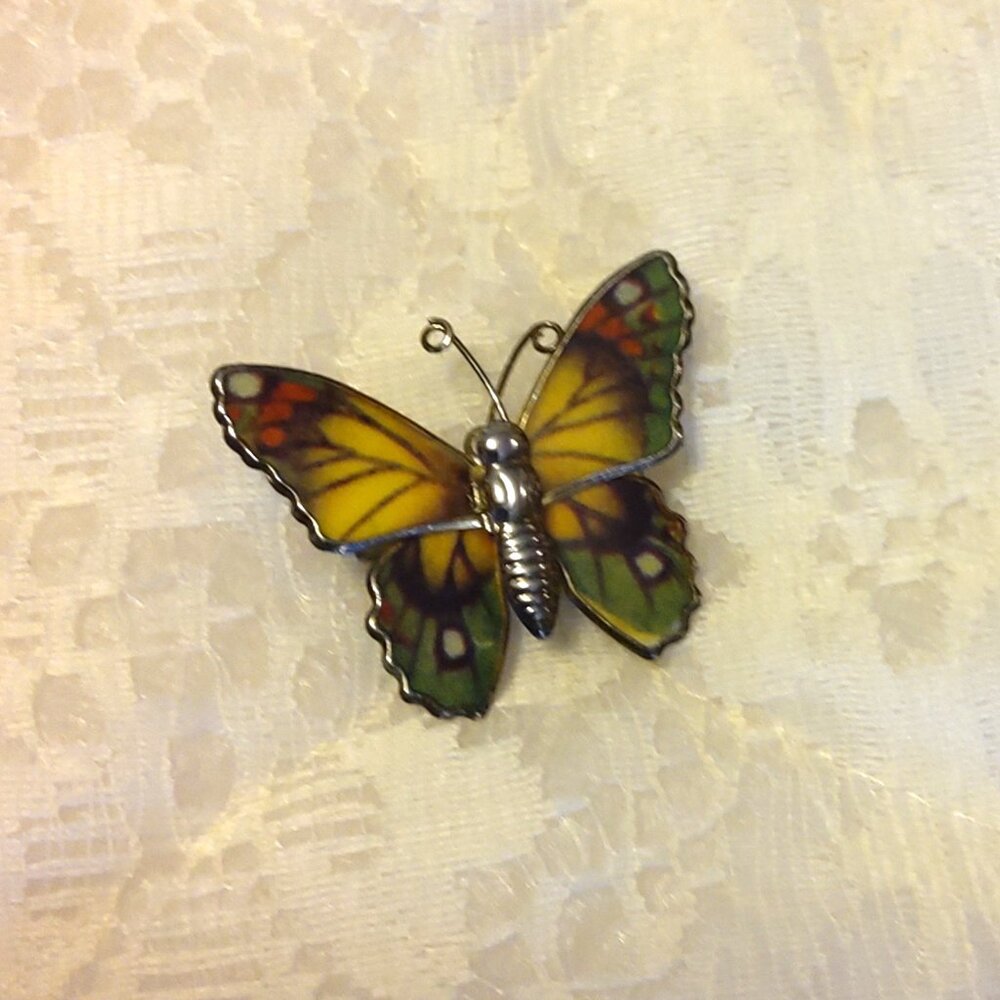 Vintage Multi Color Enamel Silver Tone Butterfly Pin Brooch